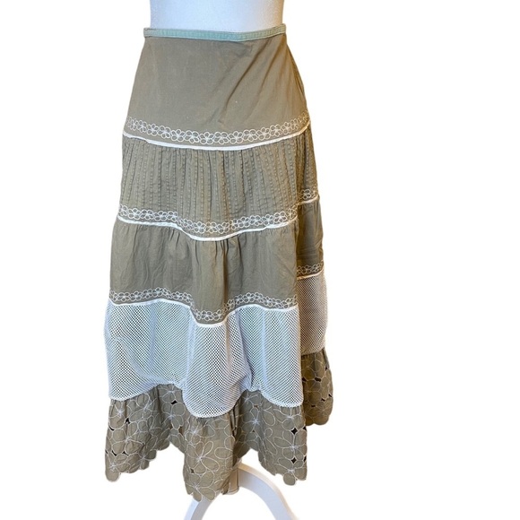Vintage 80’s Prairie Skirt Large Drop Waist Multi Tiered Khaki and Ivory Retro - Picture 9 of 16